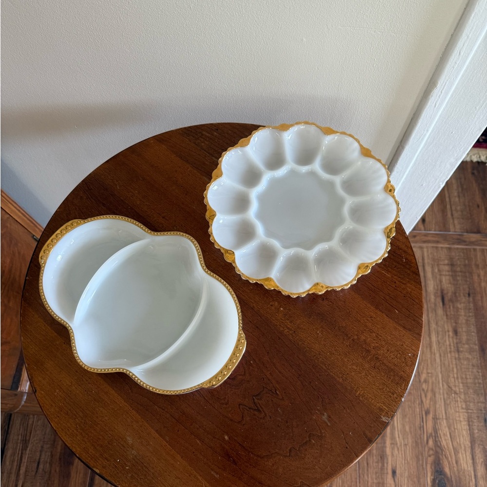 Lot of 2 Anchor Hocking Fire King Milk Glass Deviled Egg Gold Trim + Relish Tray - Picture 2 of 9